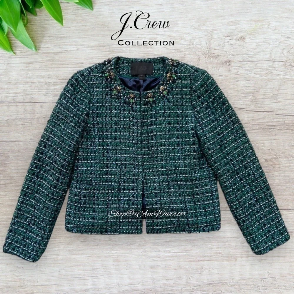 J.Crew Collection jeweled emerald + navy tweed blazer/jacket *shop@iamwarrior